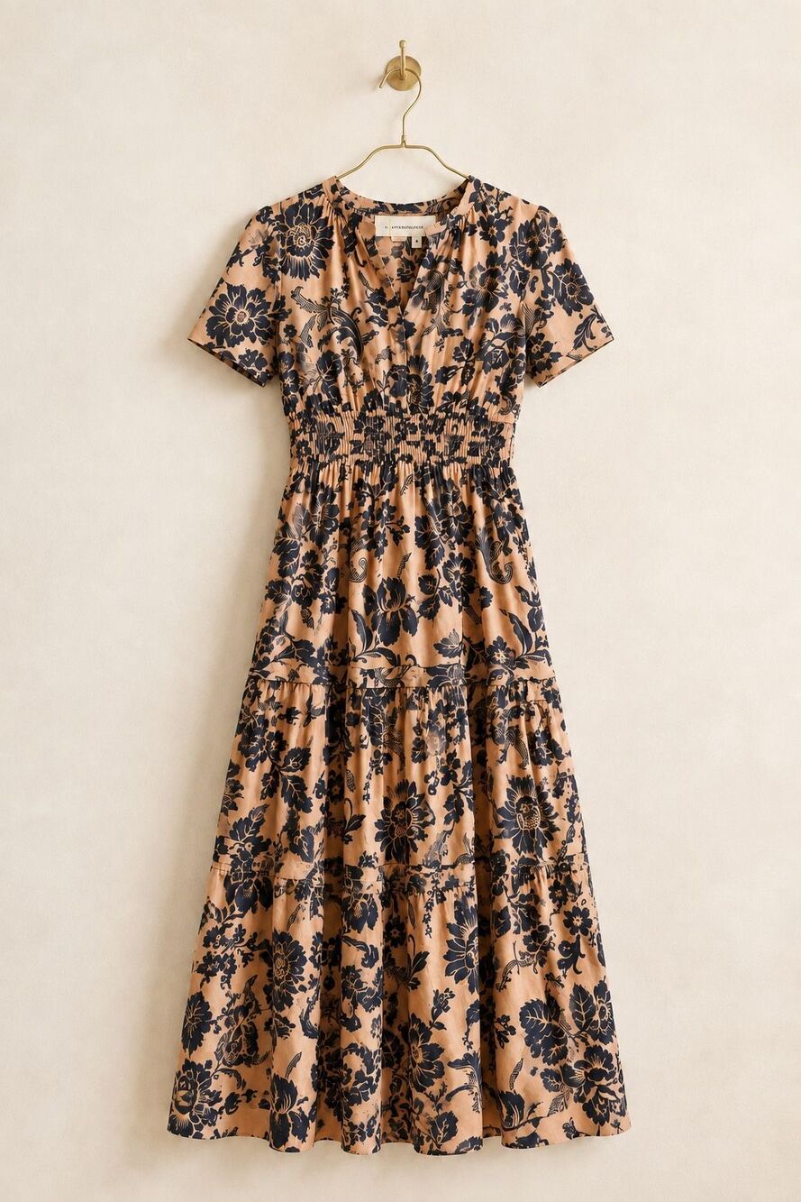 NWOT  Anthropologie Somerset Maxi in Brown Motif Floral Tiered Cotton Dress, Med
